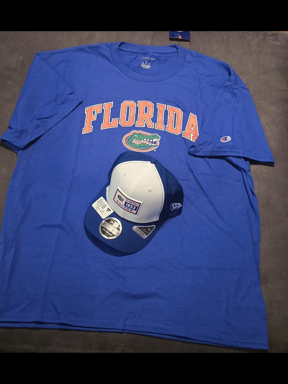 Florida Gators Blue Champion T-Shirt And Snap Back Hat with Gators Logo